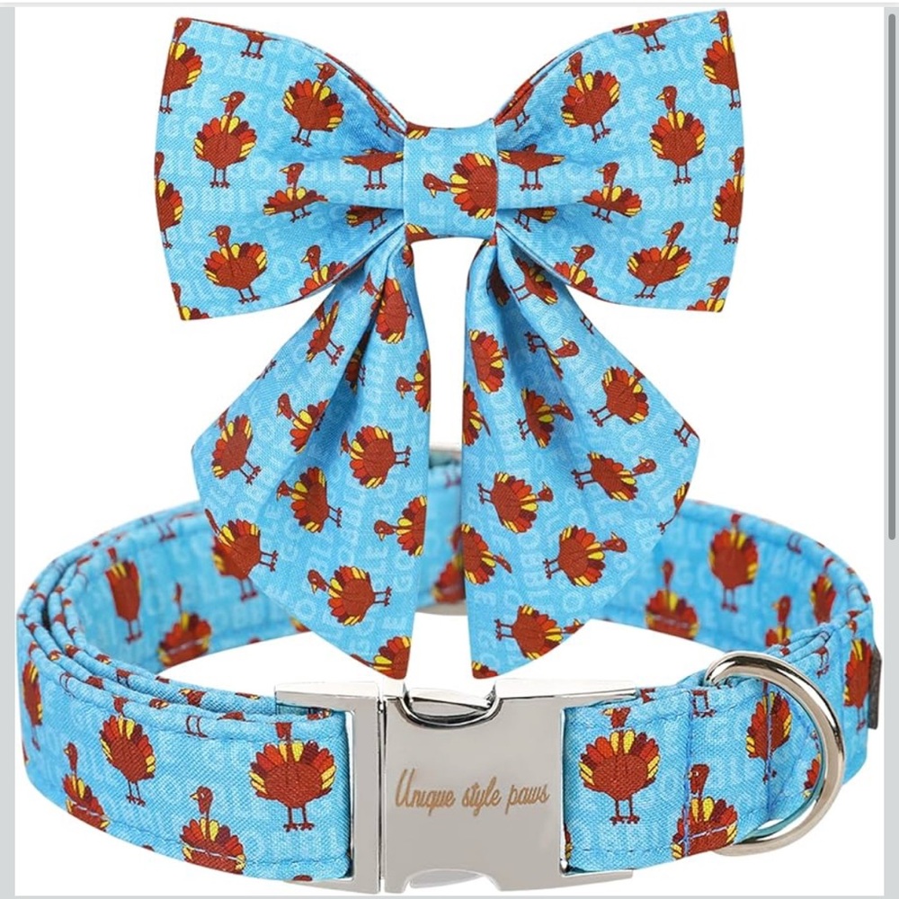 Unique style paws Thanksgiving Dog Collar with Bow Tie Blue